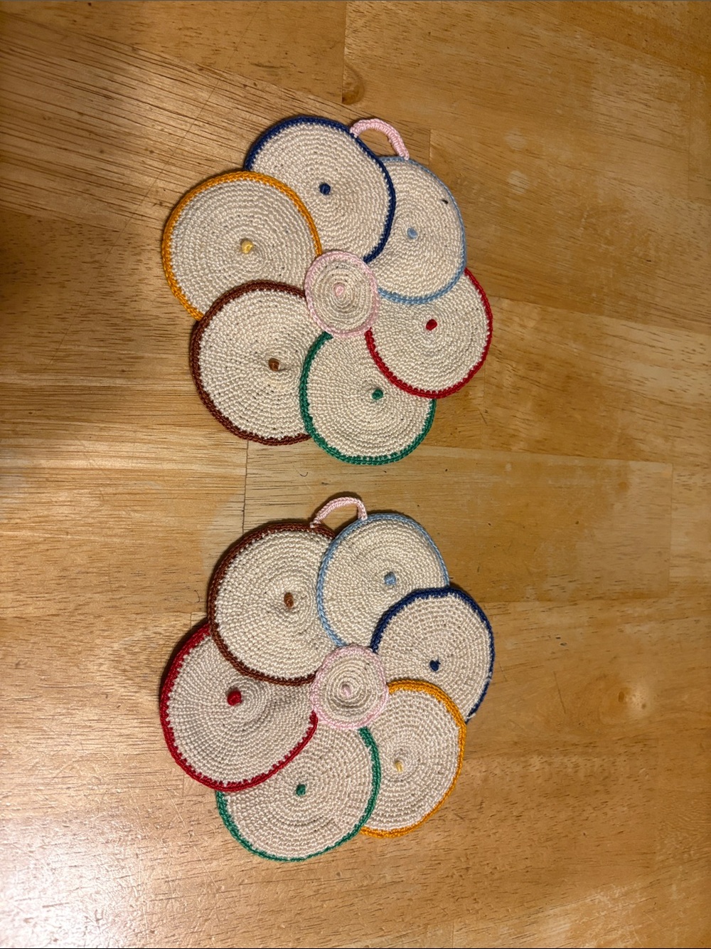 Handmade Crochet Floral Trivet Set in Cream with Multicolor Edging